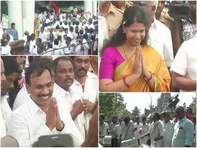 2G Scam: A Raja, Kanimozhi arrive in Chennai, get thunderous welcome